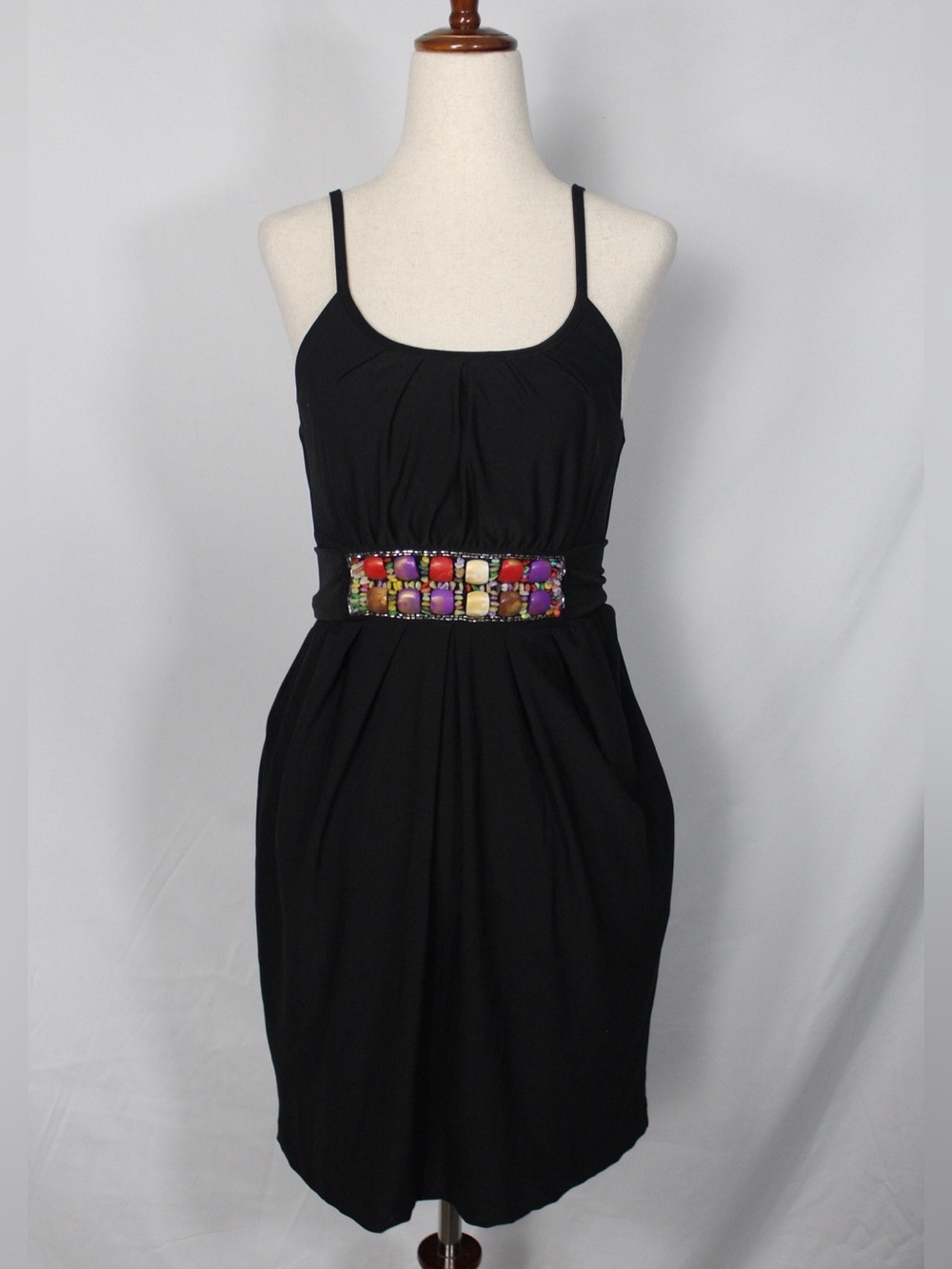 Y2K 2000s Black Spaghetti Strap Mini Dress with Multicolor Jeweled Waist